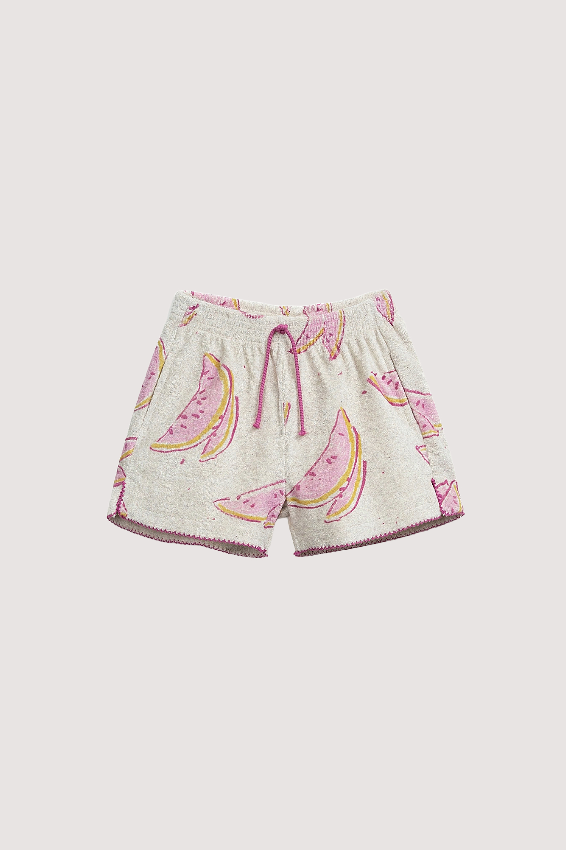 Beige shorts voor meisjes met meloen opdruk in roze in badstof